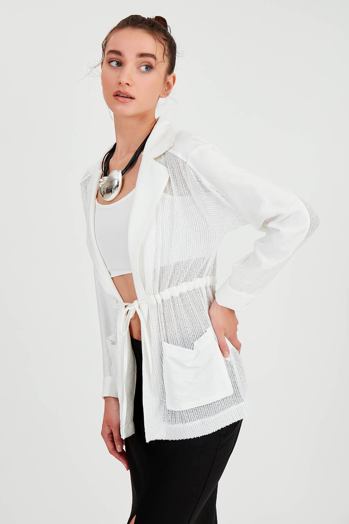 SEQUIN JACKET WITH WAIST TIE