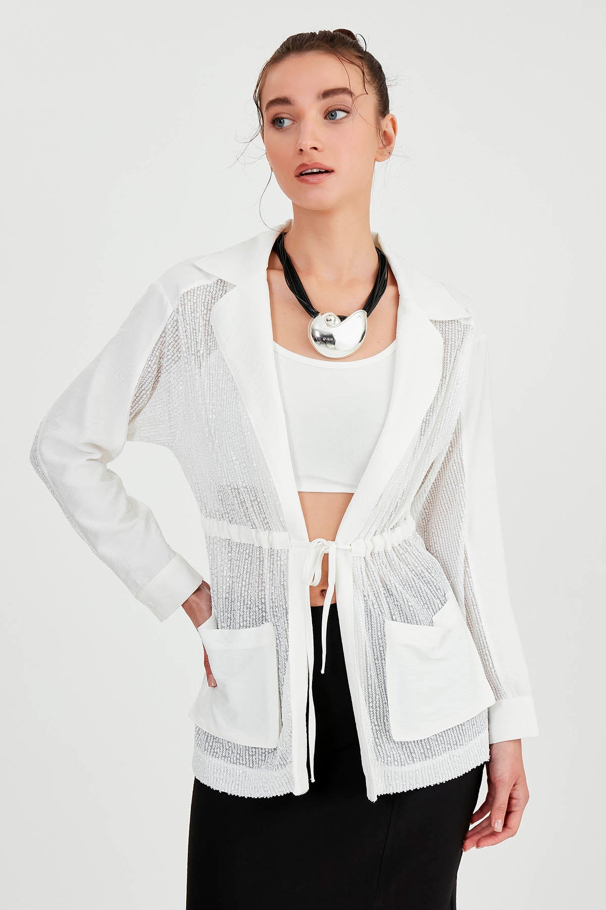 SEQUIN JACKET WITH WAIST TIE