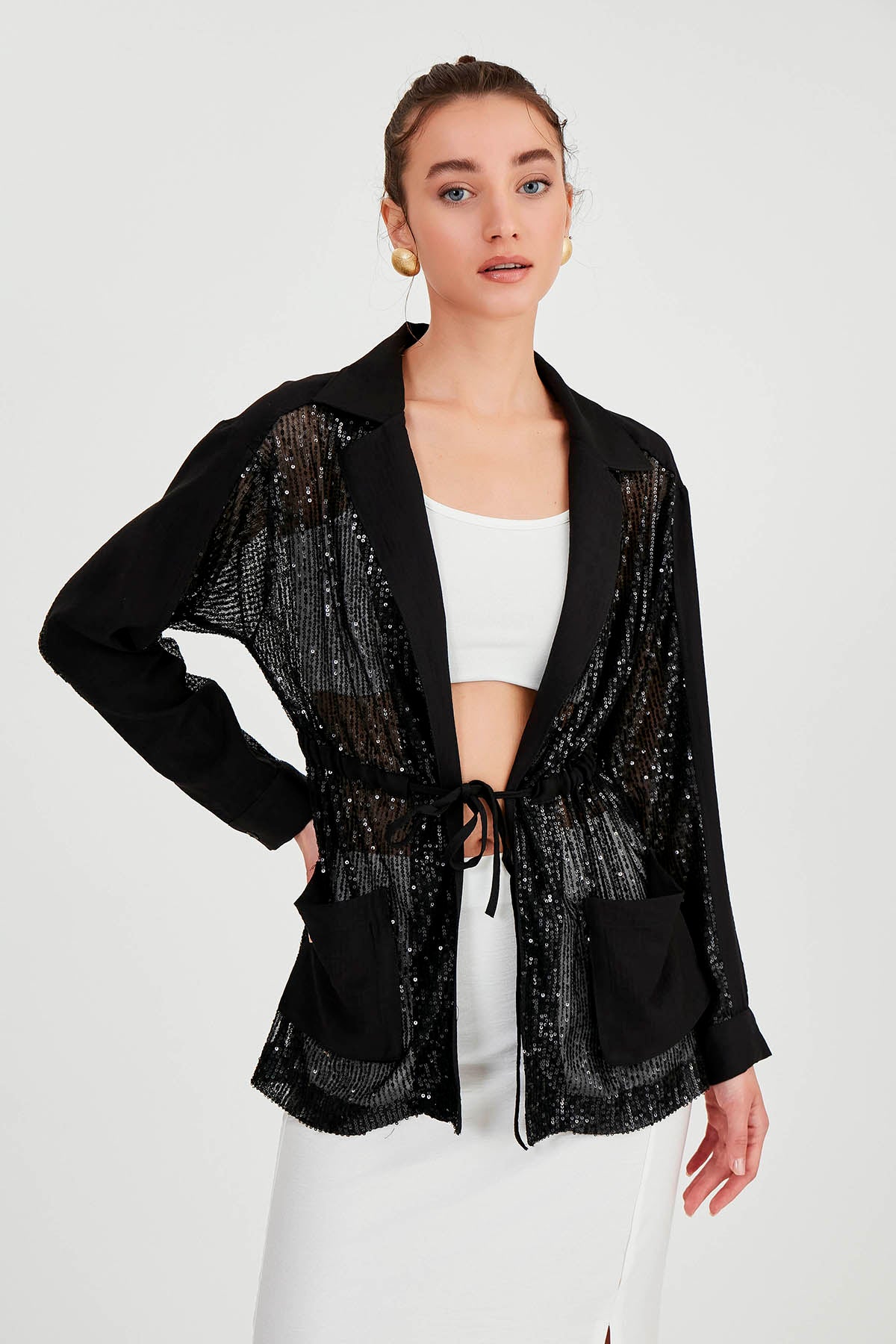SEQUIN JACKET WITH WAIST TIE