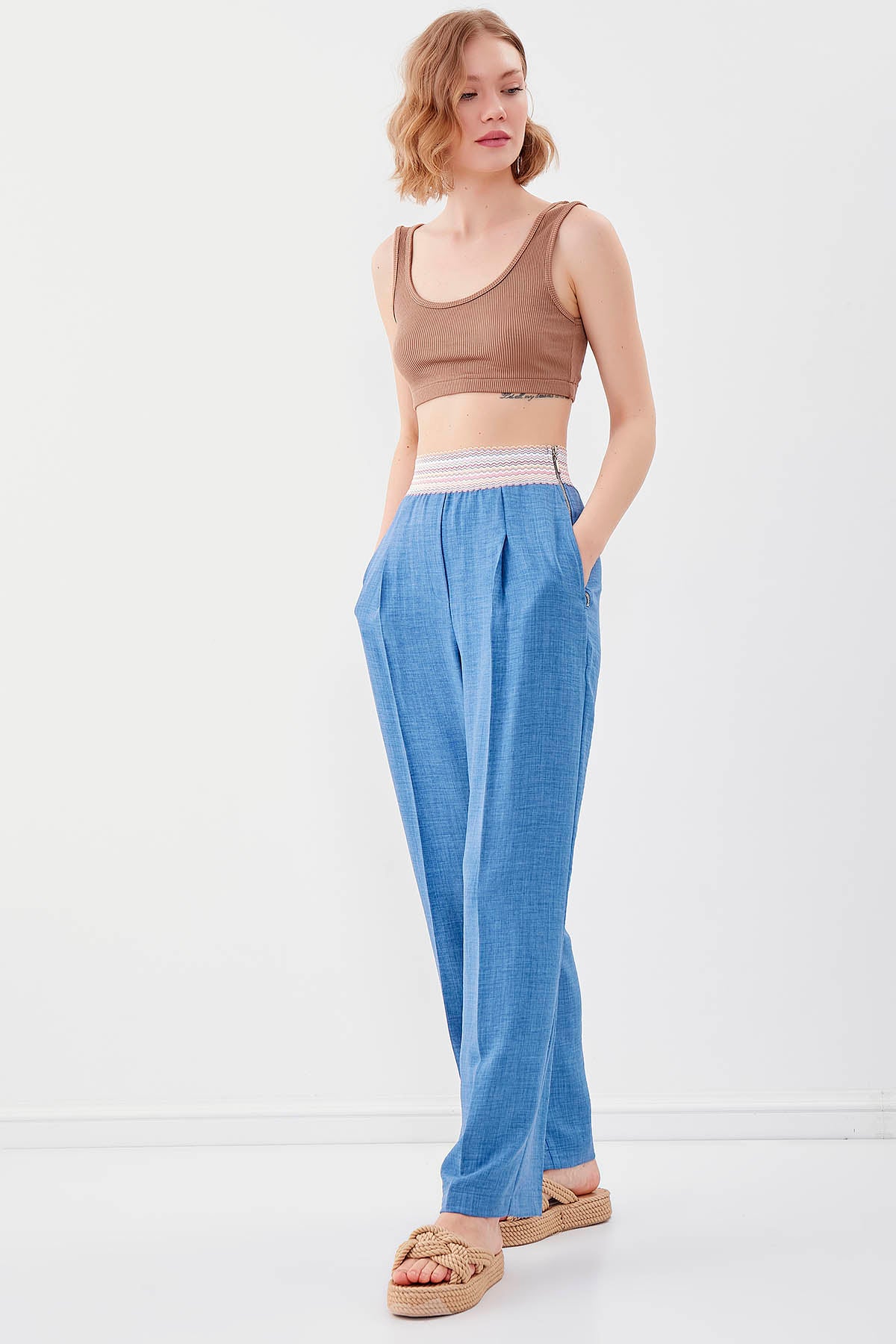 RIBBON-PATTERNED WIDE-LEG TROUSERS WITH ELASTANE WAIST