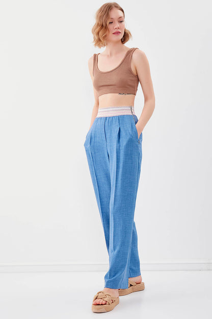 RIBBON-PATTERNED WIDE-LEG TROUSERS WITH ELASTANE WAIST