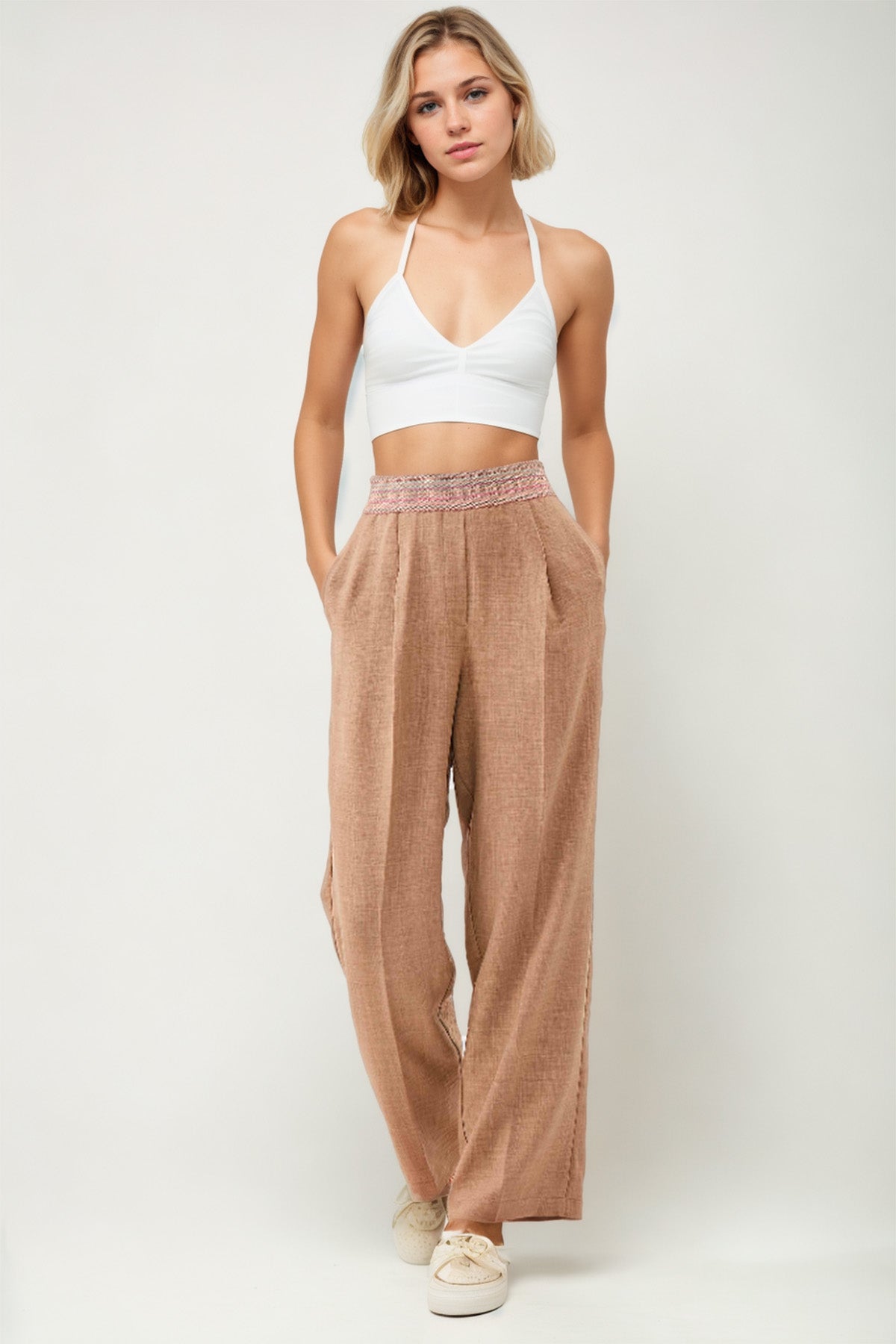 RIBBON-PATTERNED WIDE-LEG TROUSERS WITH ELASTANE WAIST