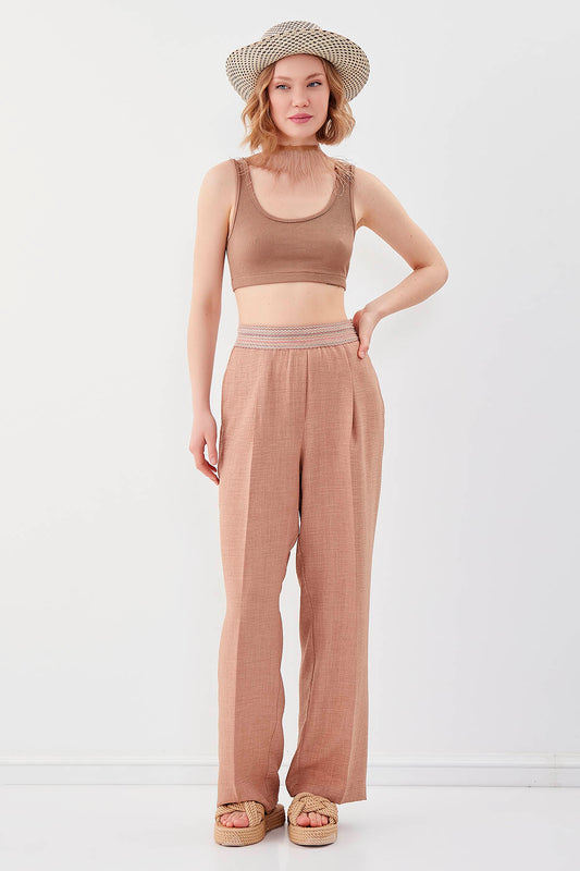 RIBBON-PATTERNED WIDE-LEG TROUSERS WITH ELASTANE WAIST