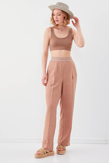 RIBBON-PATTERNED WIDE-LEG TROUSERS WITH ELASTANE WAIST