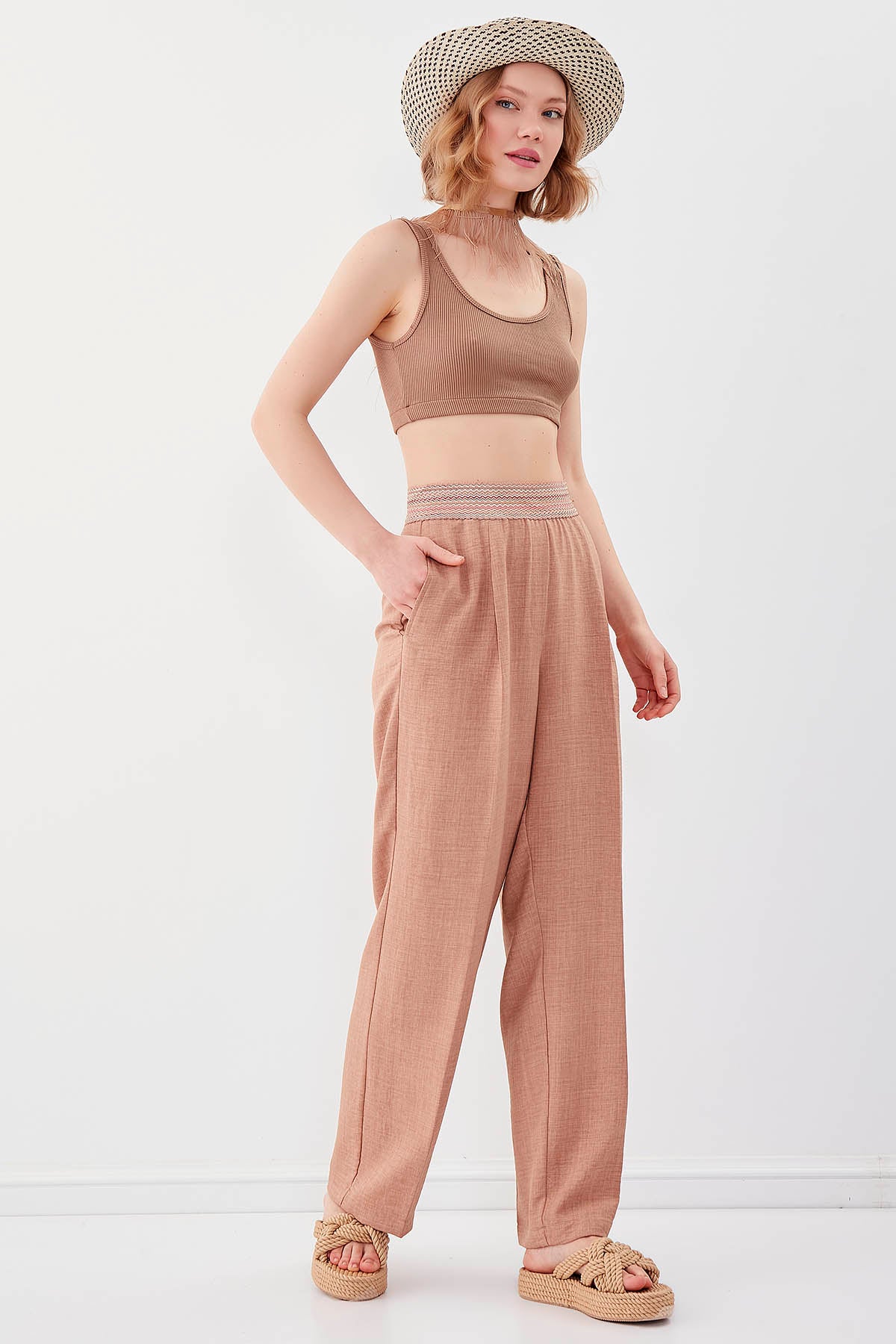 RIBBON-PATTERNED WIDE-LEG TROUSERS WITH ELASTANE WAIST