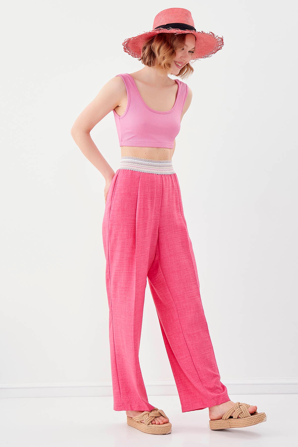 RIBBON-PATTERNED WIDE-LEG TROUSERS WITH ELASTANE WAIST
