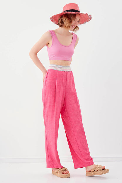 RIBBON-PATTERNED WIDE-LEG TROUSERS WITH ELASTANE WAIST