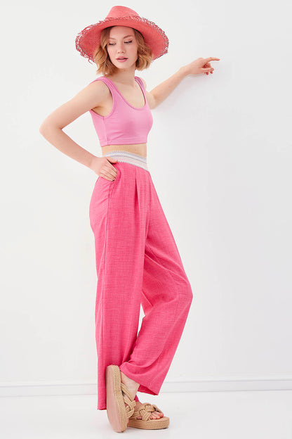 RIBBON-PATTERNED WIDE-LEG TROUSERS WITH ELASTANE WAIST