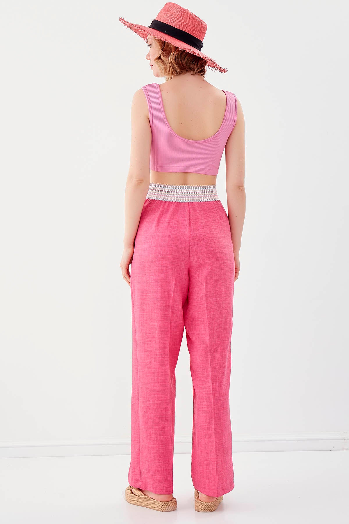 RIBBON-PATTERNED WIDE-LEG TROUSERS WITH ELASTANE WAIST