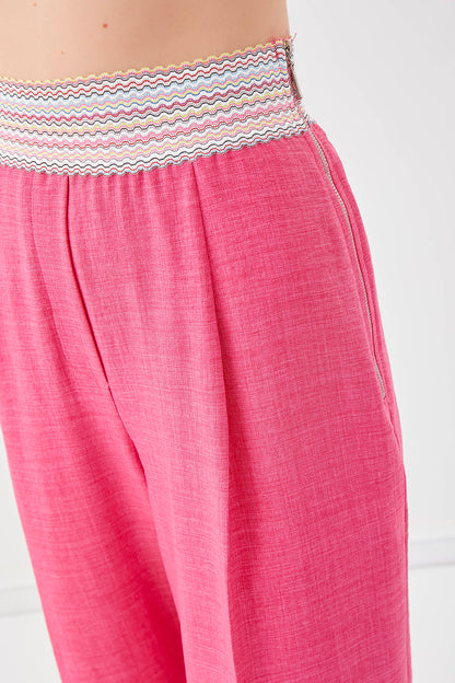 RIBBON-PATTERNED WIDE-LEG TROUSERS WITH ELASTANE WAIST