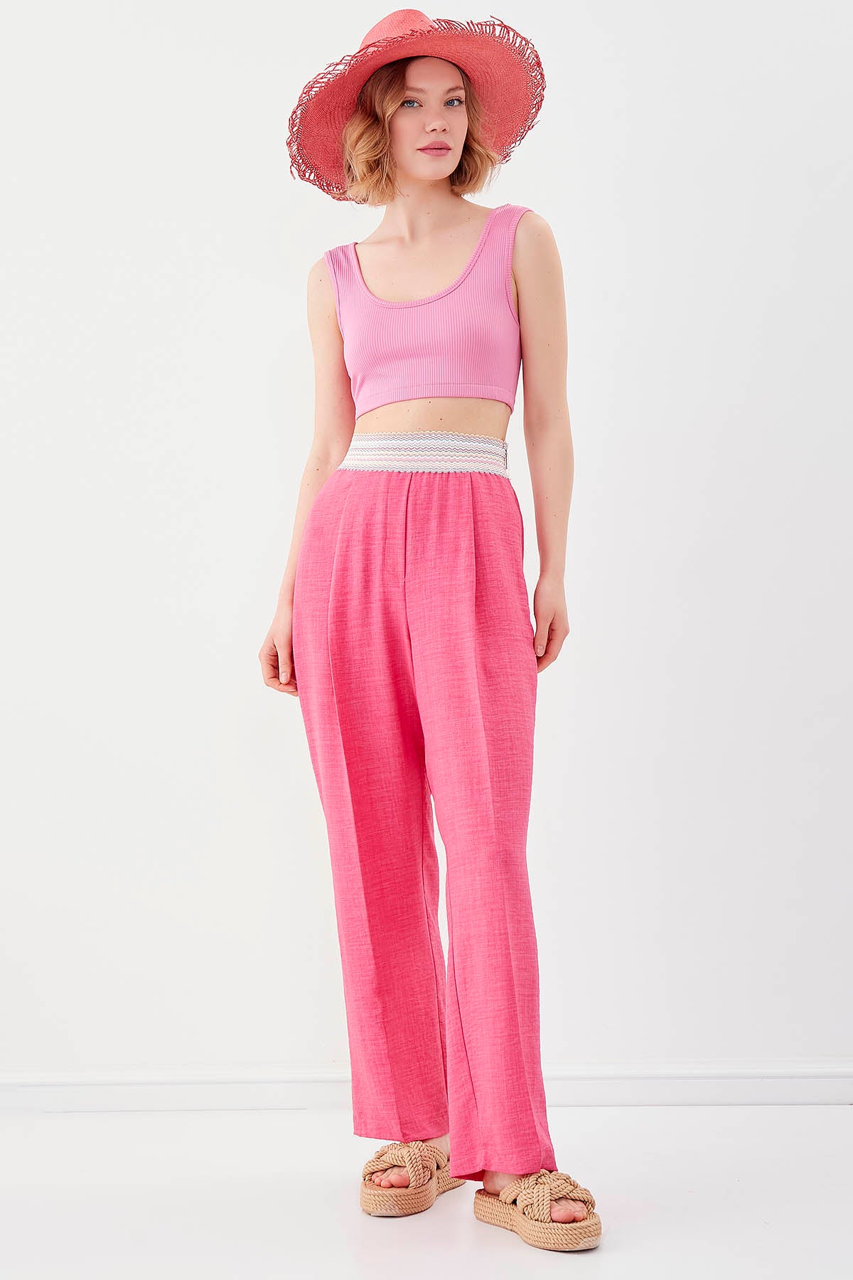 RIBBON-PATTERNED WIDE-LEG TROUSERS WITH ELASTANE WAIST