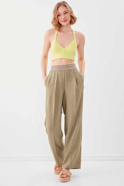 RIBBON-PATTERNED WIDE-LEG TROUSERS WITH ELASTANE WAIST