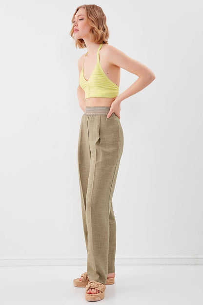 RIBBON-PATTERNED WIDE-LEG TROUSERS WITH ELASTANE WAIST