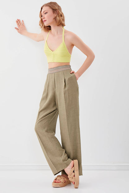 RIBBON-PATTERNED WIDE-LEG TROUSERS WITH ELASTANE WAIST