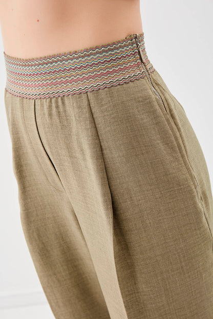 RIBBON-PATTERNED WIDE-LEG TROUSERS WITH ELASTANE WAIST