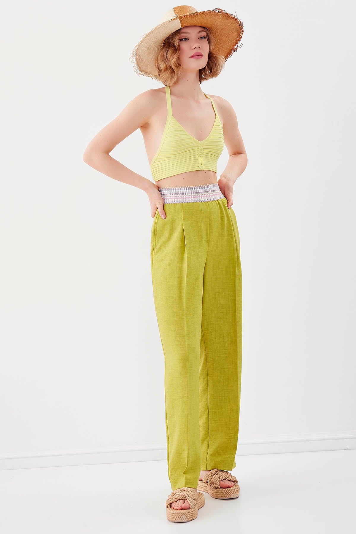RIBBON-PATTERNED WIDE-LEG TROUSERS WITH ELASTANE WAIST