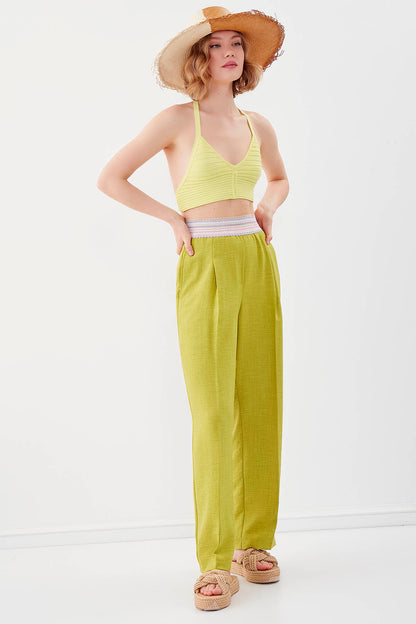 RIBBON-PATTERNED WIDE-LEG TROUSERS WITH ELASTANE WAIST