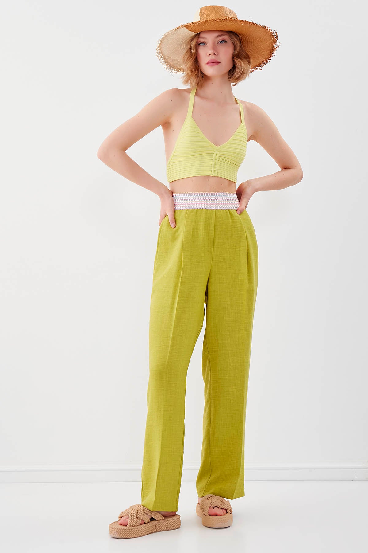 RIBBON-PATTERNED WIDE-LEG TROUSERS WITH ELASTANE WAIST
