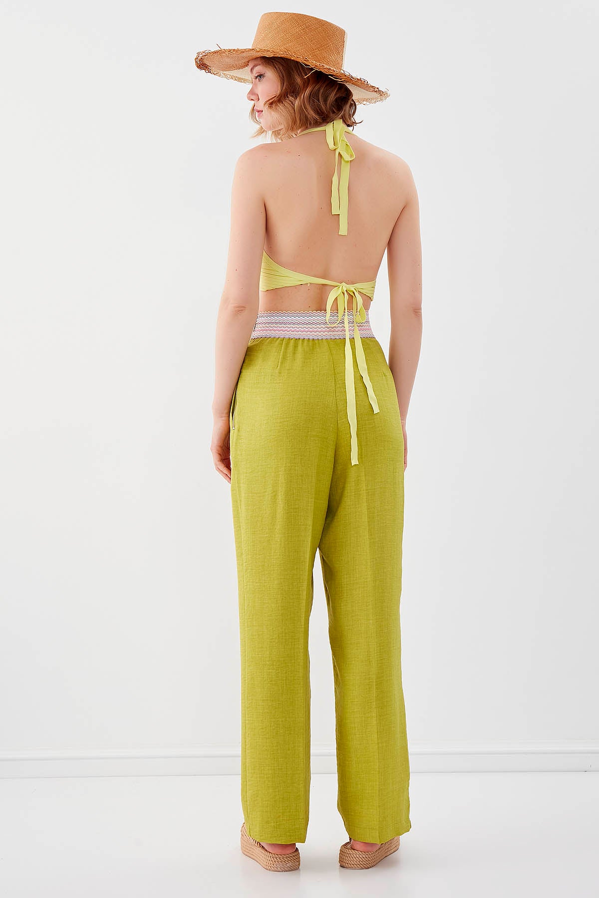 RIBBON-PATTERNED WIDE-LEG TROUSERS WITH ELASTANE WAIST