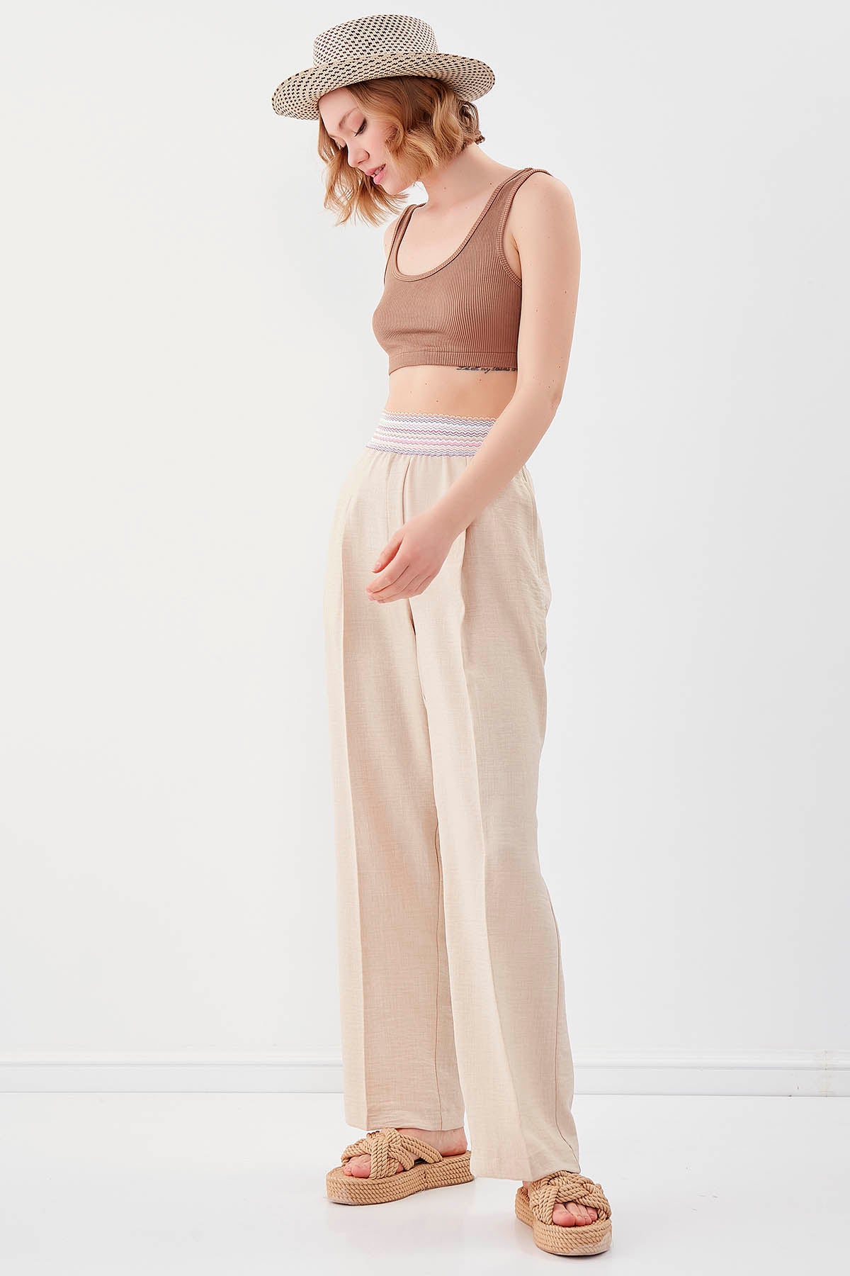 RIBBON-PATTERNED WIDE-LEG TROUSERS WITH ELASTANE WAIST
