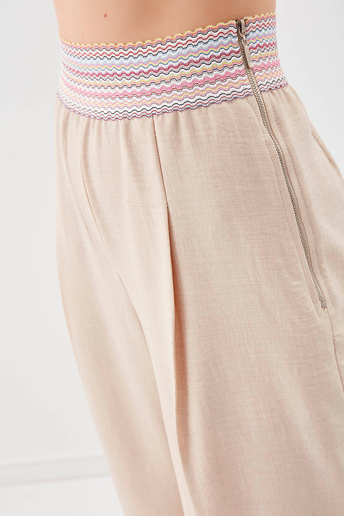 RIBBON-PATTERNED WIDE-LEG TROUSERS WITH ELASTANE WAIST