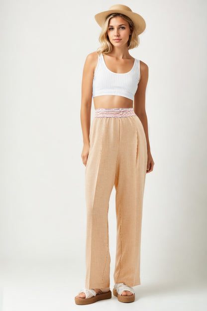 RIBBON-PATTERNED WIDE-LEG TROUSERS WITH ELASTANE WAIST