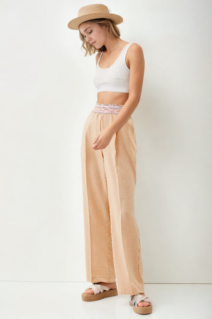 RIBBON-PATTERNED WIDE-LEG TROUSERS WITH ELASTANE WAIST