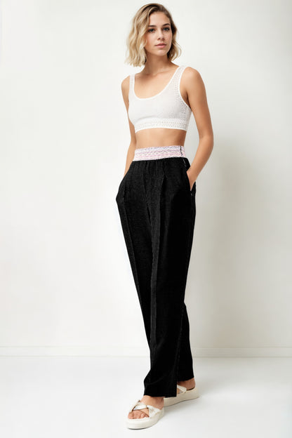 RIBBON-PATTERNED WIDE-LEG TROUSERS WITH ELASTANE WAIST
