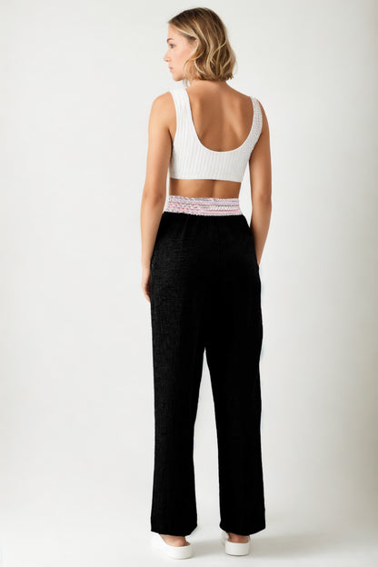 RIBBON-PATTERNED WIDE-LEG TROUSERS WITH ELASTANE WAIST