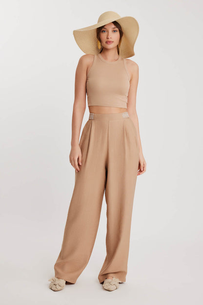 PLEATED TROUSERS WITH ETHNIC PATTERNED WAIST