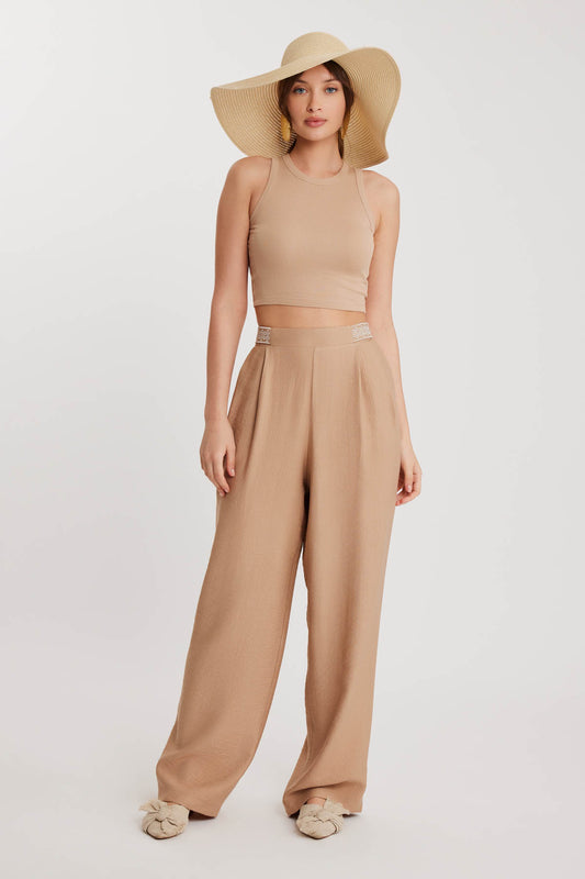 PLEATED TROUSERS WITH ETHNIC PATTERNED WAIST