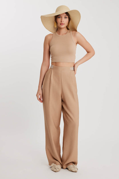 PLEATED TROUSERS WITH ETHNIC PATTERNED WAIST