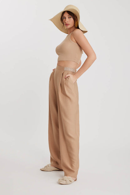 PLEATED TROUSERS WITH ETHNIC PATTERNED WAIST