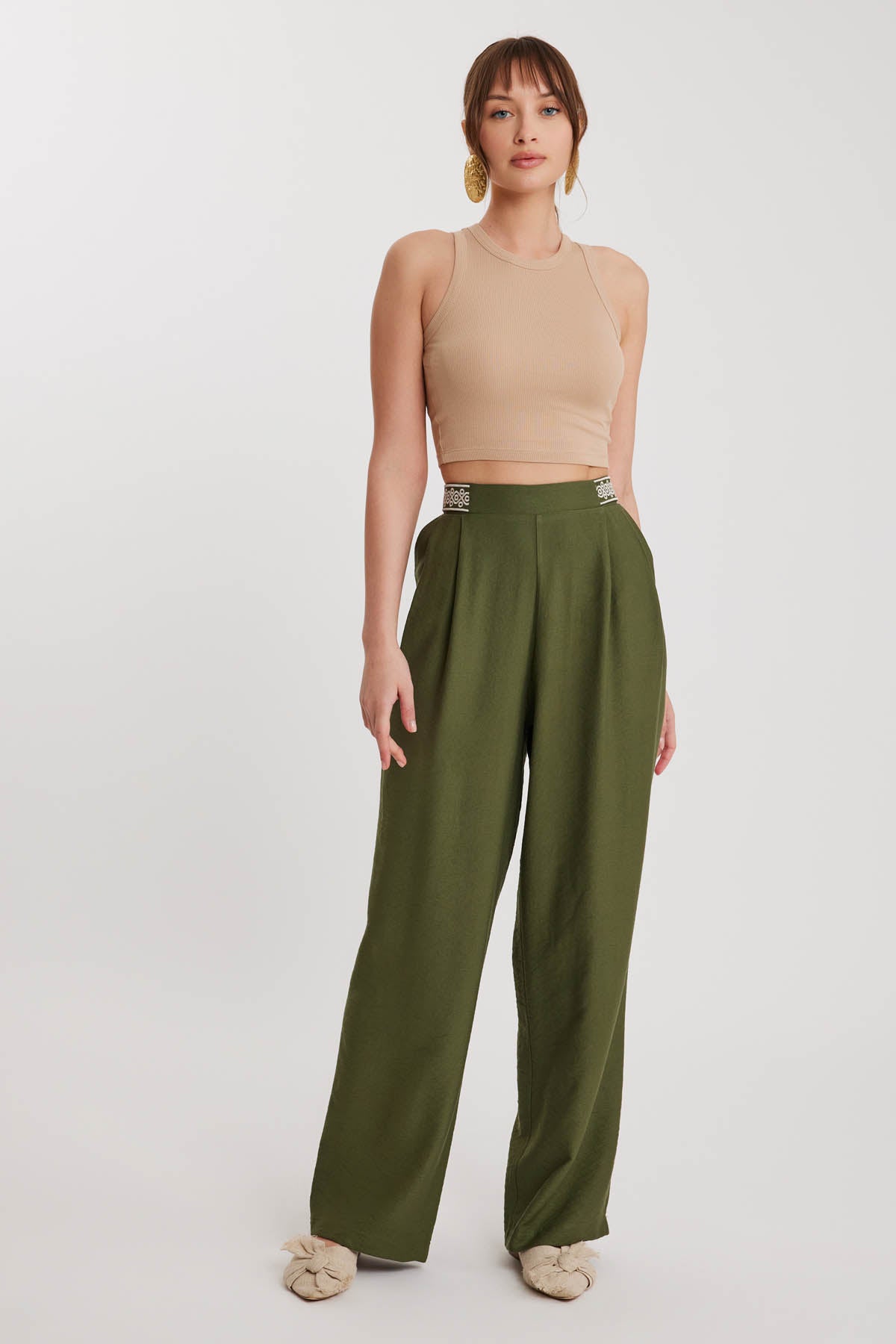 PLEATED TROUSERS WITH ETHNIC PATTERNED WAIST