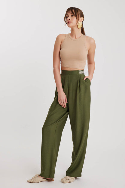 PLEATED TROUSERS WITH ETHNIC PATTERNED WAIST
