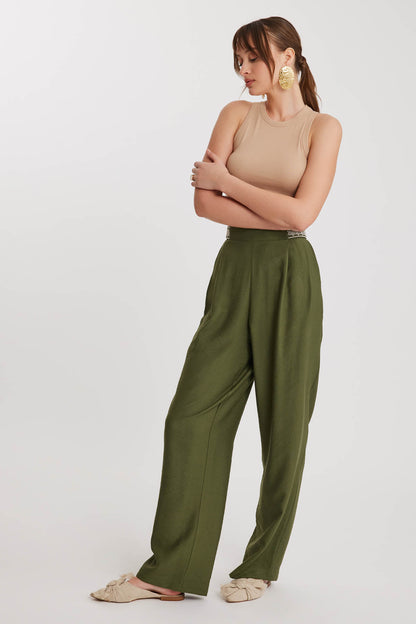 PLEATED TROUSERS WITH ETHNIC PATTERNED WAIST