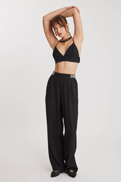 PLEATED TROUSERS WITH ETHNIC PATTERNED WAIST