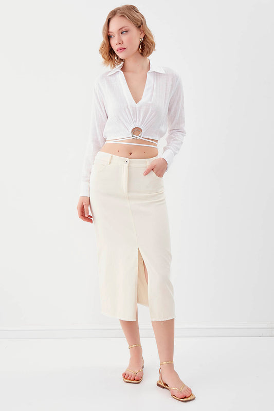 BELKA RING DETAILED V COLLAR ELASTANE CROP BLOUSE