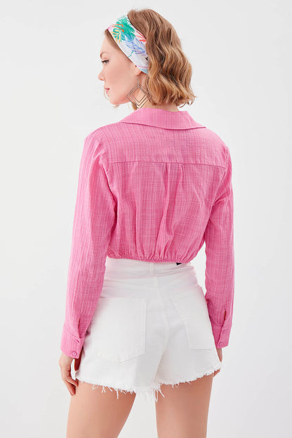 BELKA RING DETAILED V COLLAR ELASTANE CROP BLOUSE
