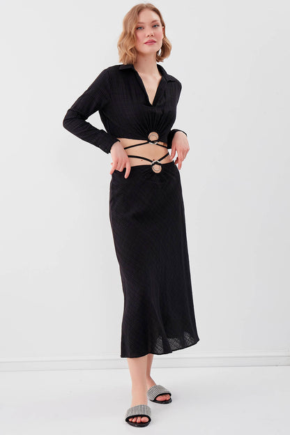 BELKA RING DETAILED V COLLAR ELASTANE CROP BLOUSE