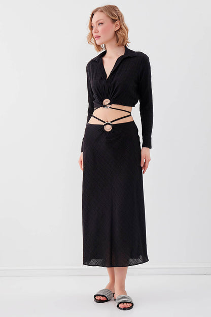 RING-DETAILED VISCOSE  LINEN MIDI SKIRT