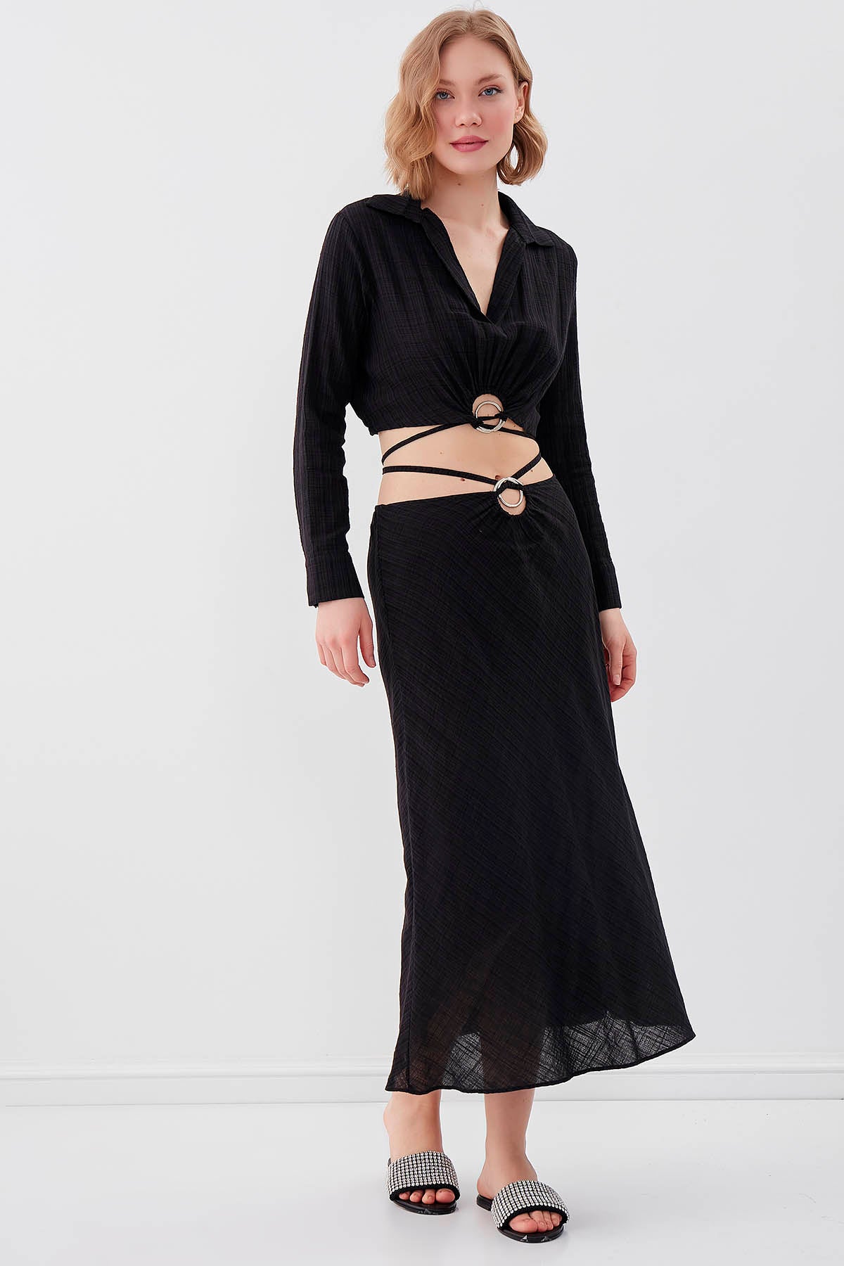 RING-DETAILED VISCOSE  LINEN MIDI SKIRT