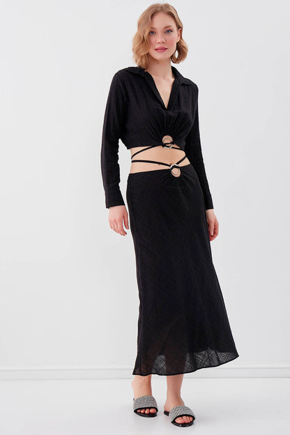 RING-DETAILED VISCOSE  LINEN MIDI SKIRT