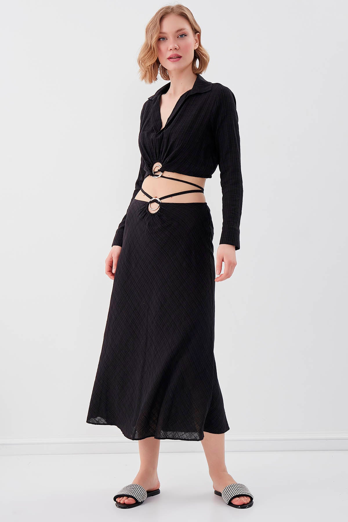 RING-DETAILED VISCOSE  LINEN MIDI SKIRT