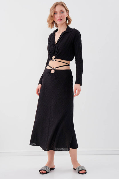 RING-DETAILED VISCOSE  LINEN MIDI SKIRT