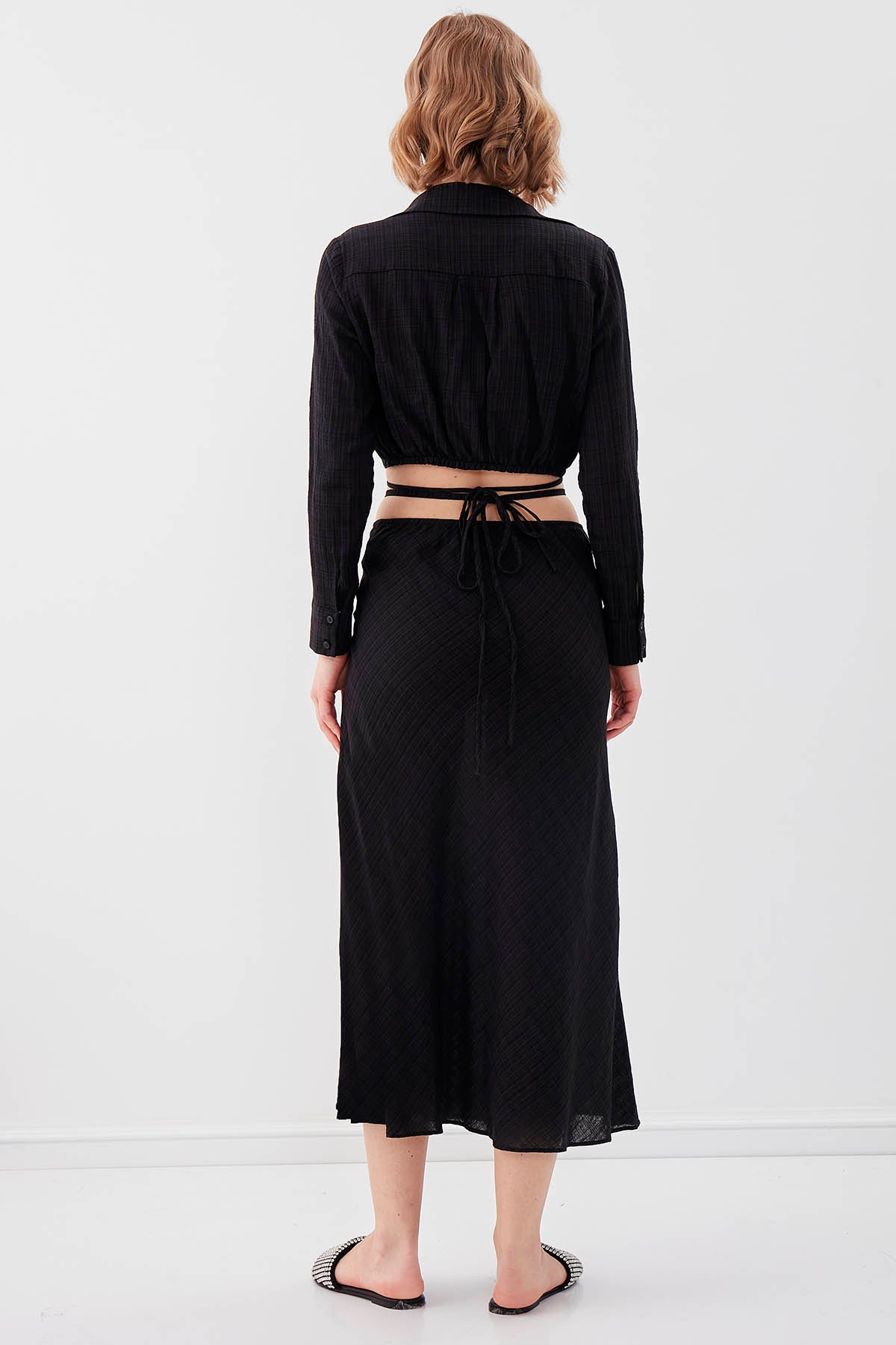 RING-DETAILED VISCOSE  LINEN MIDI SKIRT