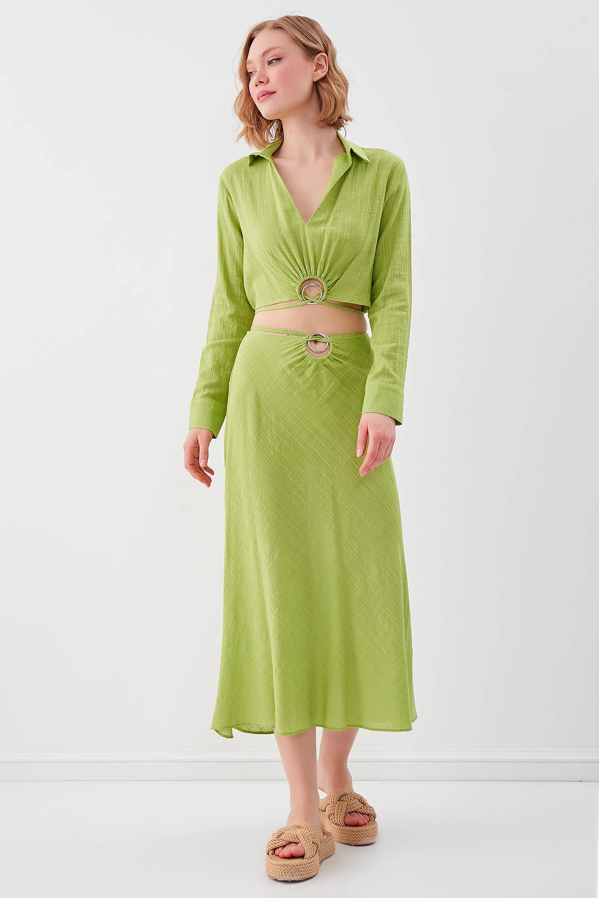 RING-DETAILED VISCOSE  LINEN MIDI SKIRT