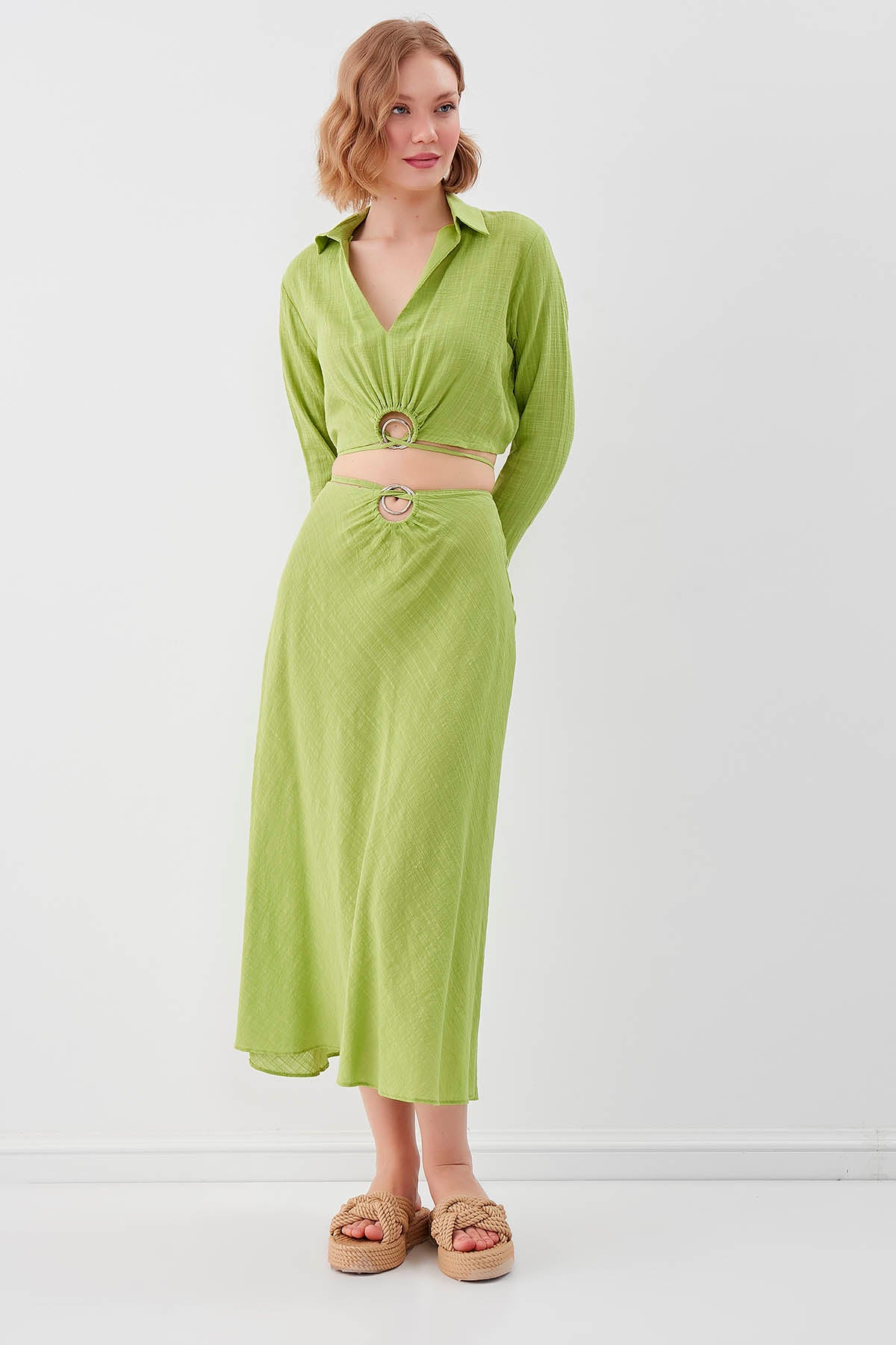 RING-DETAILED VISCOSE  LINEN MIDI SKIRT