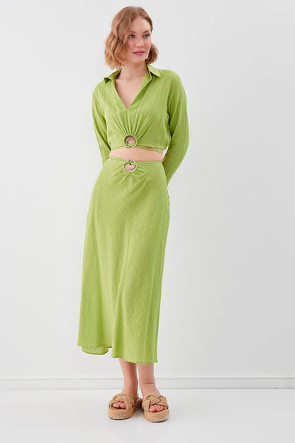 RING-DETAILED VISCOSE  LINEN MIDI SKIRT