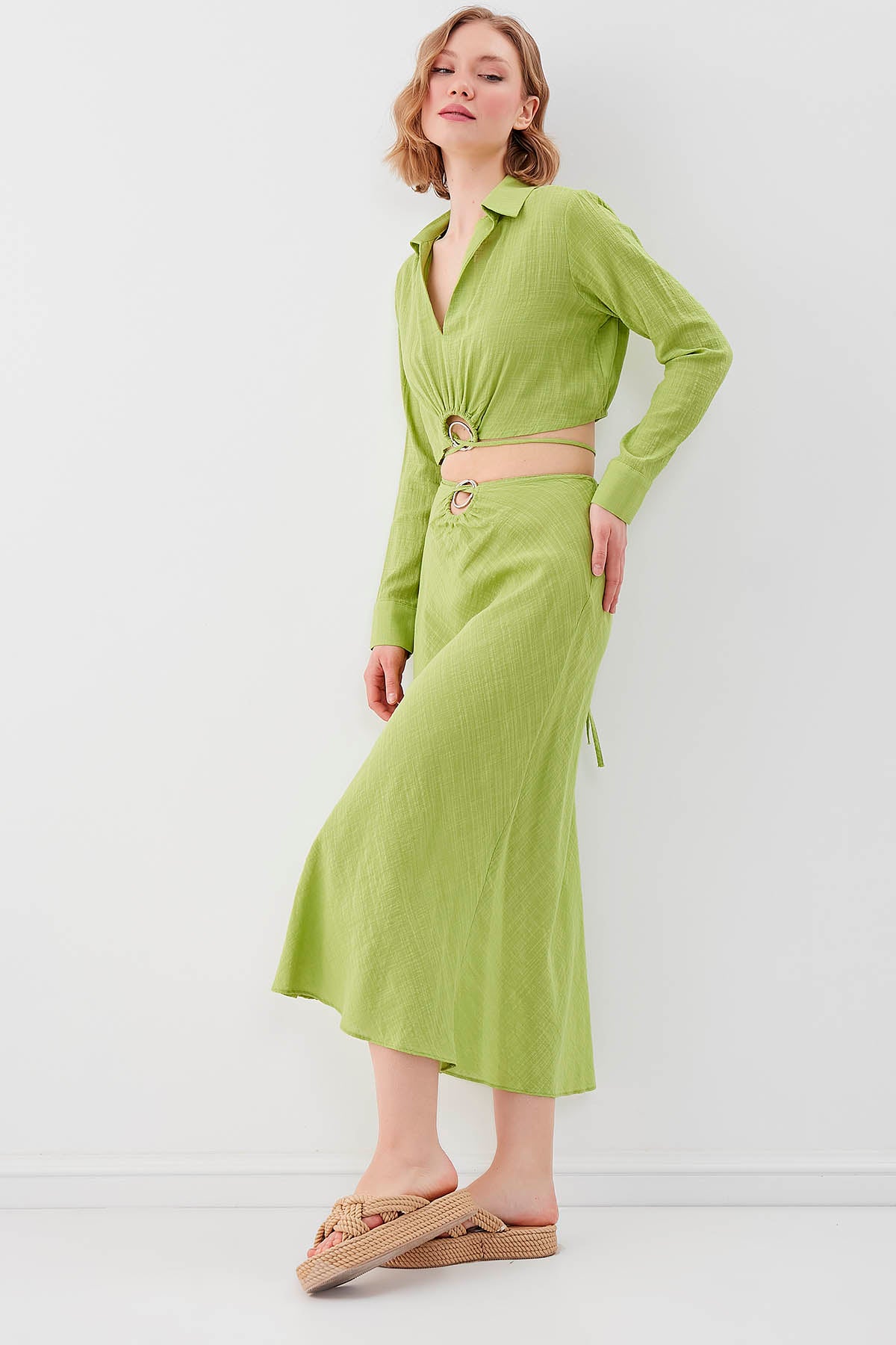 RING-DETAILED VISCOSE  LINEN MIDI SKIRT